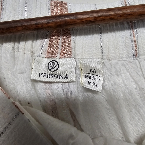 Versona White Rose Gold Stripe Tiered Flowy Boho Fringe Midi Skirt Summer - Picture 6 of 8